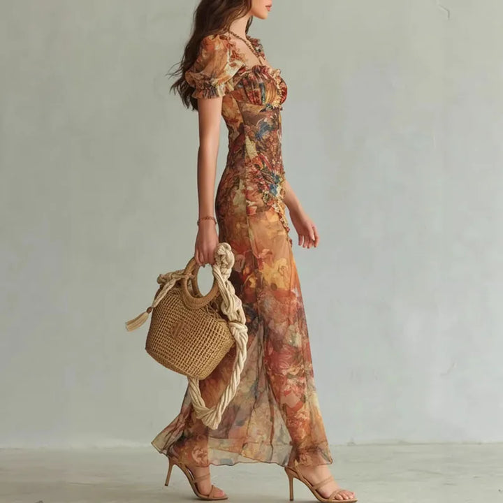 ROSALIND | Floral Maxi Dress Puff Sleeve Square Neck Elegant Fitted Style
