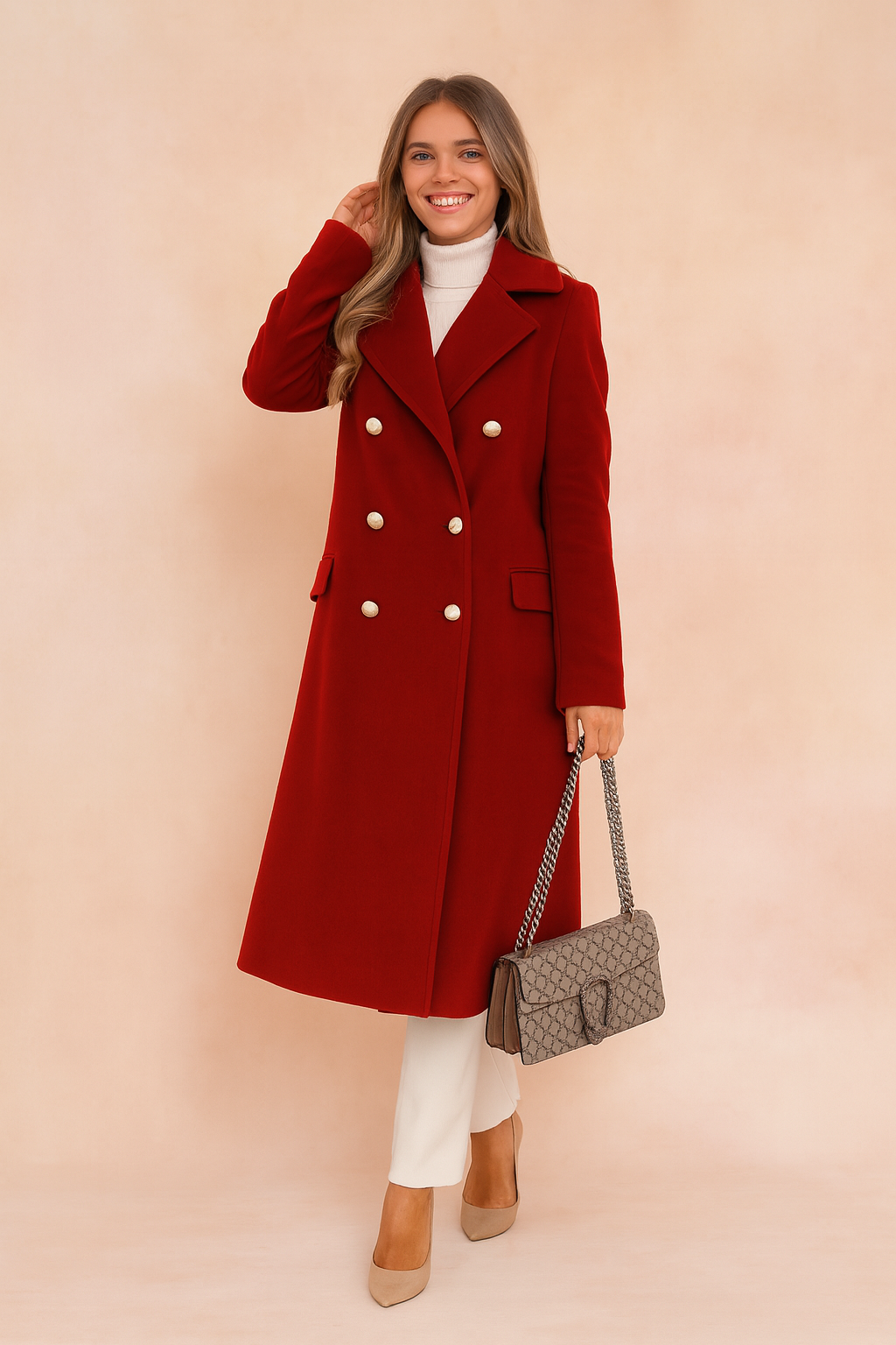 Tailored Double-Breasted Longline Coat with Lapel Collar