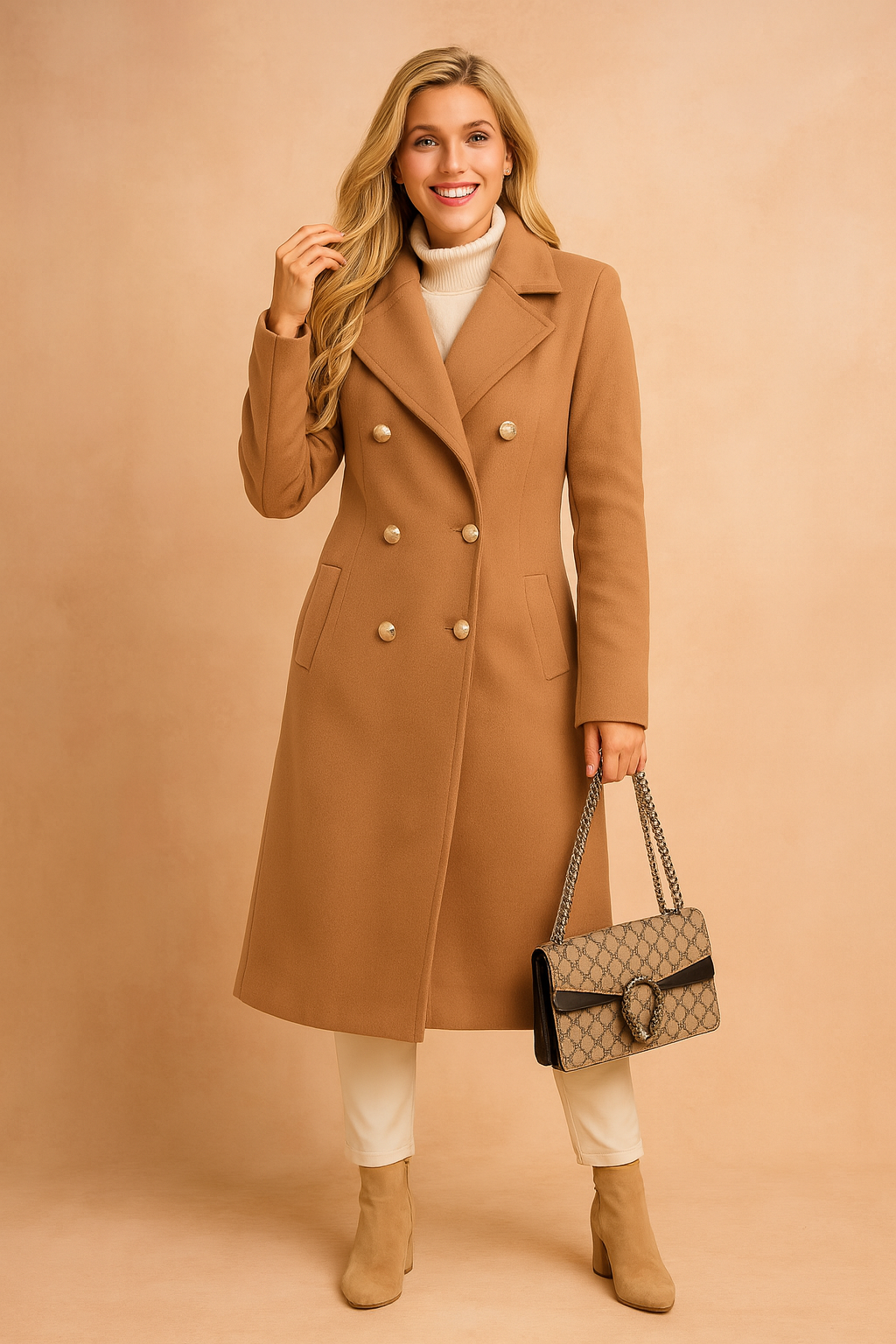 Tailored Double-Breasted Longline Coat with Lapel Collar