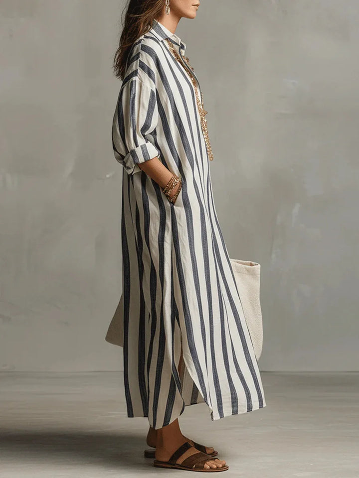 Scout | Striped Shirt Maxi Dress with Long Sleeves and Side Pockets