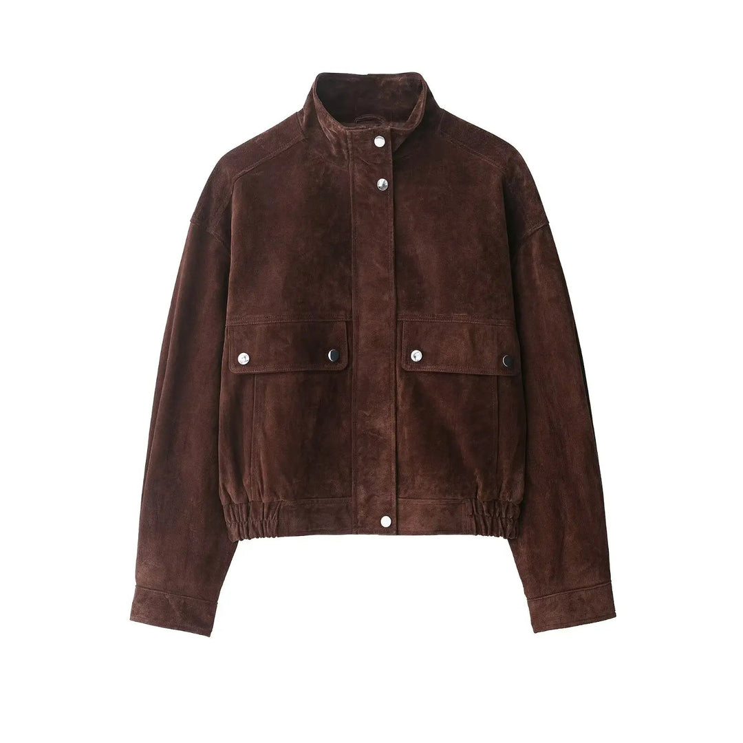 Women’s Cropped Suede Jacket with Snap Button Front and Utility Pockets