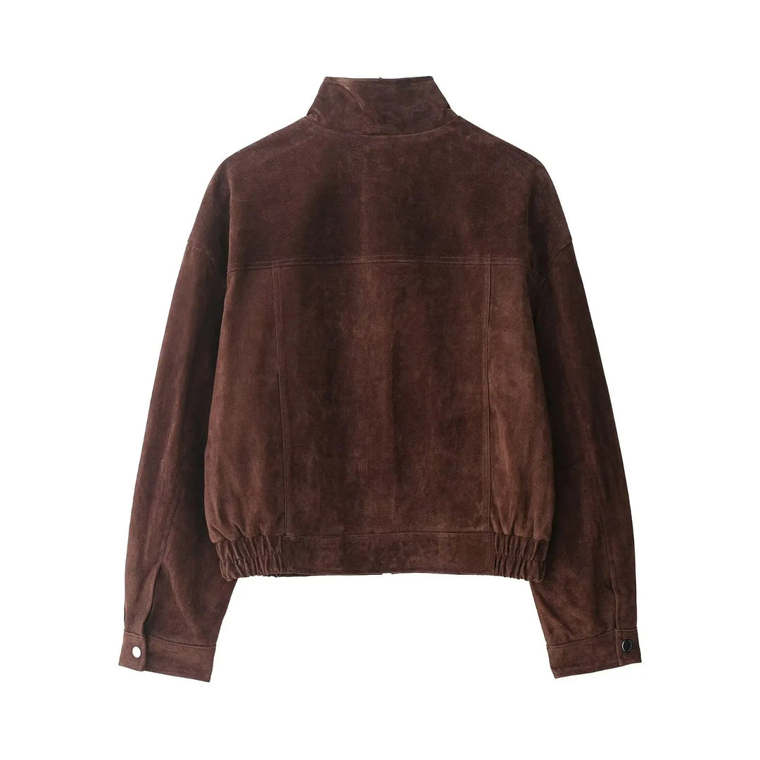Women’s Cropped Suede Jacket with Snap Button Front and Utility Pockets