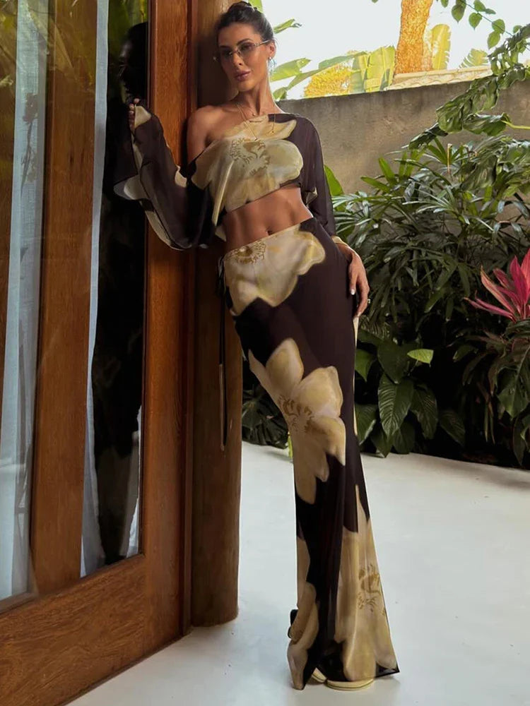 Printed One Shoulder Two Piece Set with Flowy Sleeve Detail
