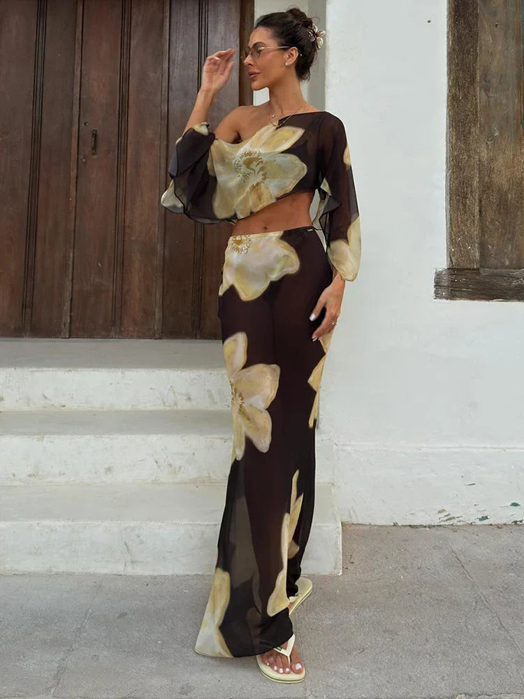 Printed One Shoulder Two Piece Set with Flowy Sleeve Detail