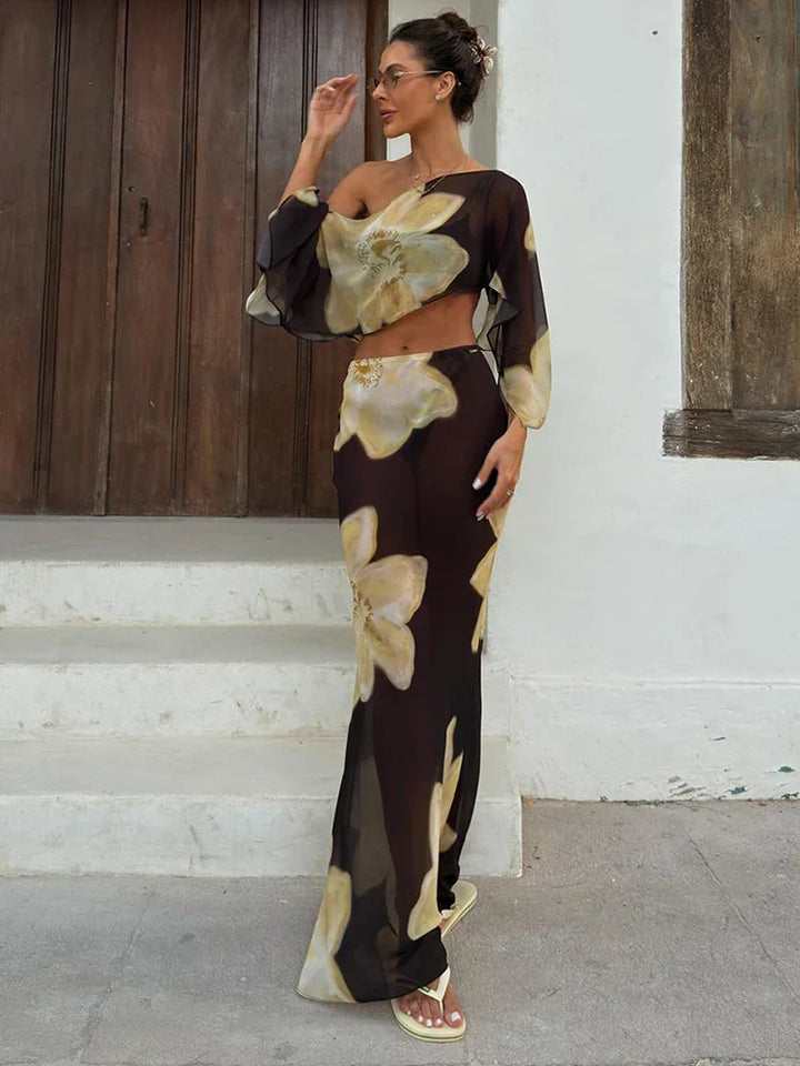 Printed One Shoulder Two Piece Set with Flowy Sleeve Detail