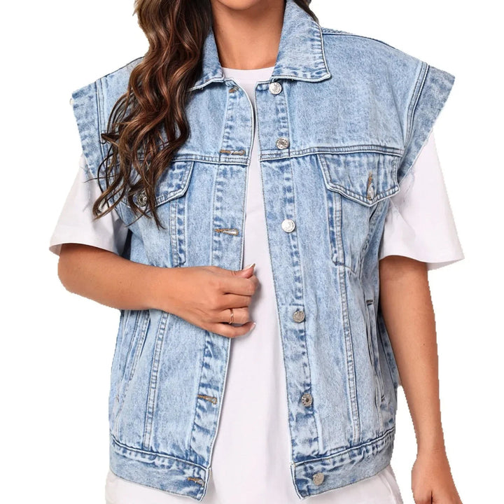 Women’s Casual Oversized Denim Vest with Button-Up Front and Classic Chest Pockets