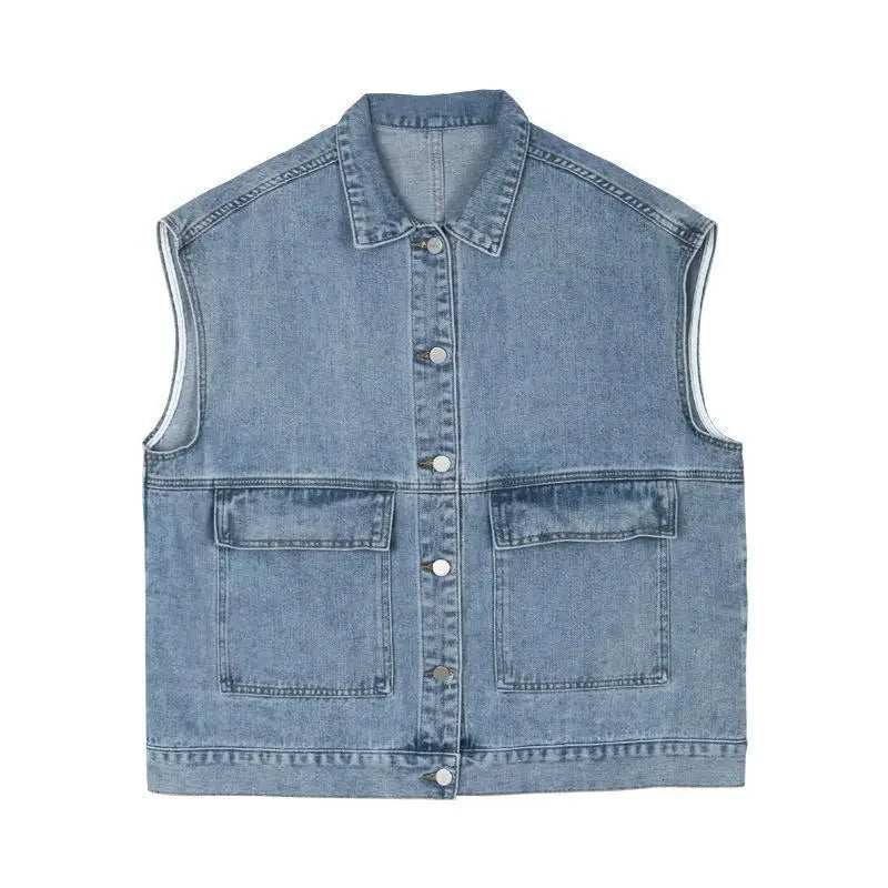 Women’s Oversized Denim Vest with Button-Down Front and Relaxed Street Style Fit