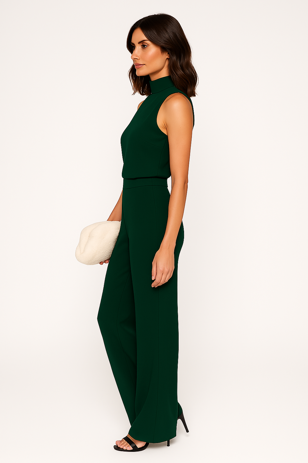 Emerald Green Sleeveless Jumpsuit - Wide Leg & Mock Neck