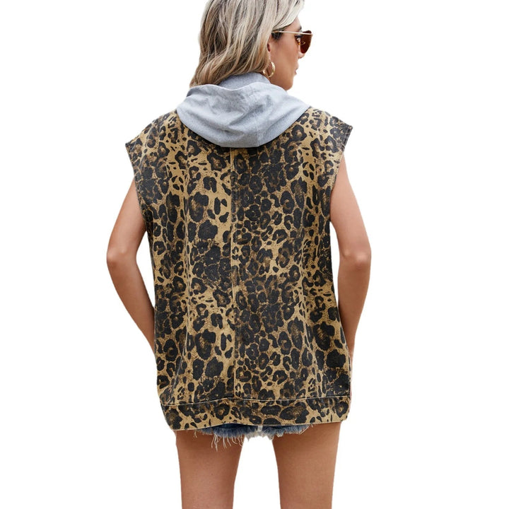 Women’s Leopard Print Sleeveless Denim Vest with Button-Down Front and Utility Pockets