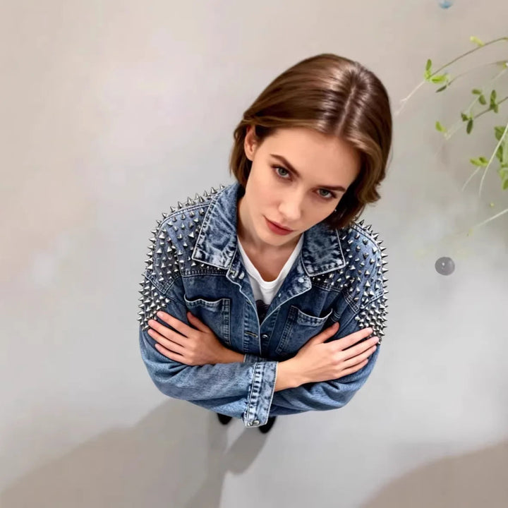 Women’s Cropped Studded Denim Jacket with Structured Shoulders and Statement Detail