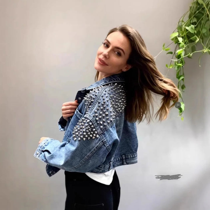 Women’s Cropped Studded Denim Jacket with Structured Shoulders and Statement Detail