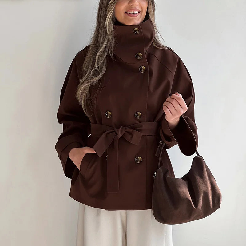 Vintage Trench Coat – High Neck Double Breasted Design for Chic Fall Style