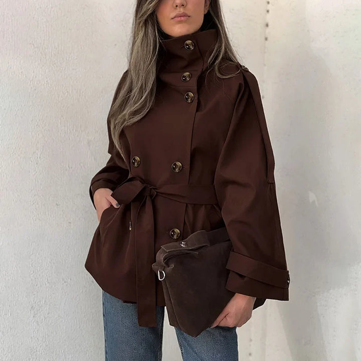 Vintage Trench Coat – High Neck Double Breasted Design for Chic Fall Style