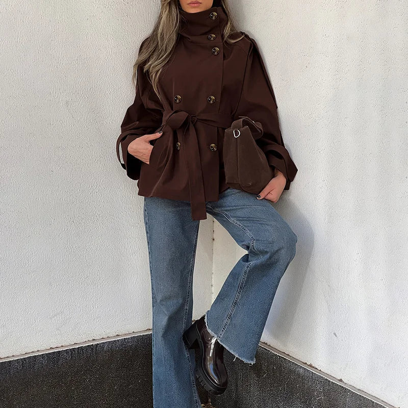 Vintage Trench Coat – High Neck Double Breasted Design for Chic Fall Style
