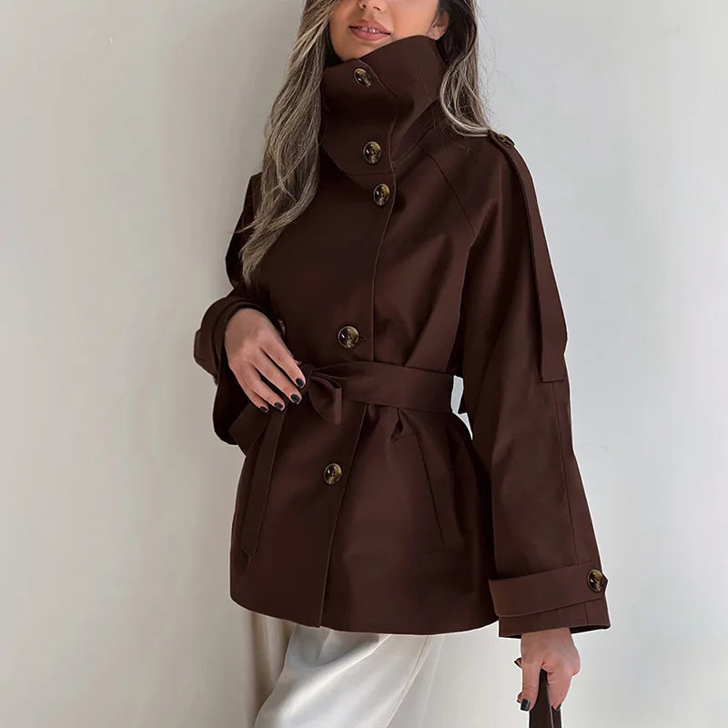 Vintage Trench Coat – High Neck Double Breasted Design for Chic Fall Style