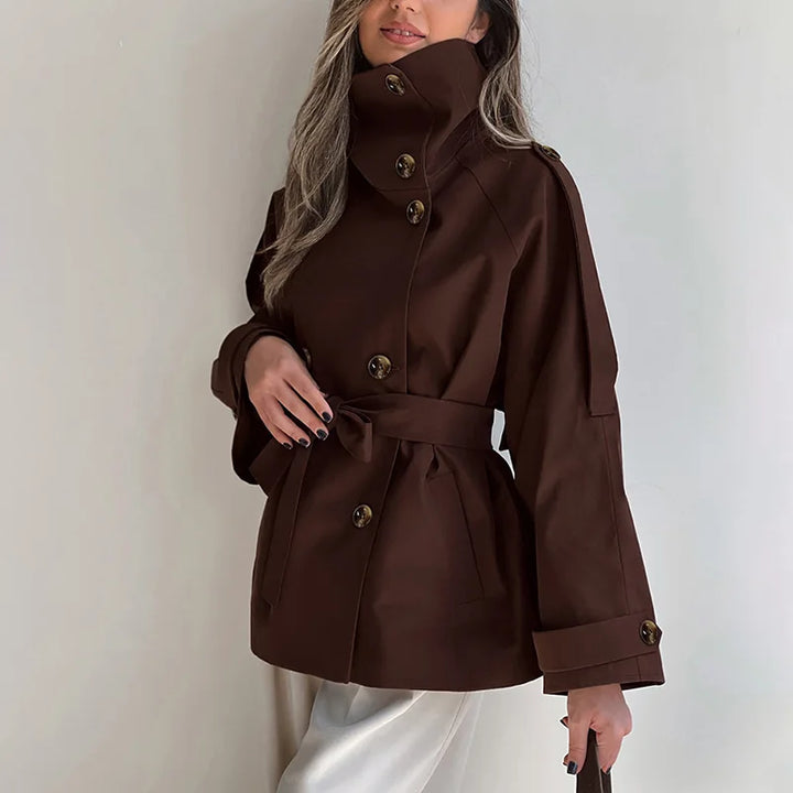 Vintage Trench Coat – High Neck Double Breasted Design for Chic Fall Style