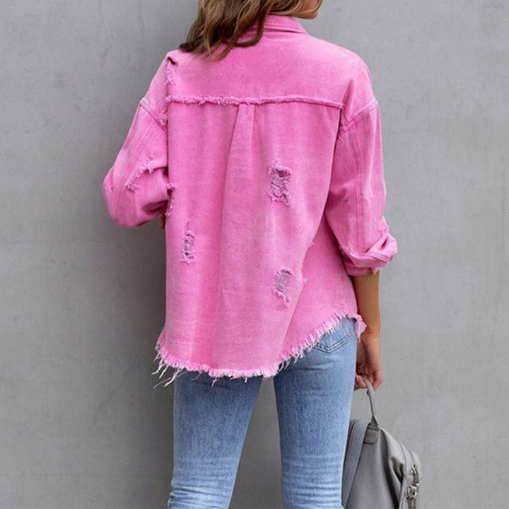 Women's Vintage-Inspired Distressed Denim Jacket — Frayed Relaxed-Fit Trucker Jacket