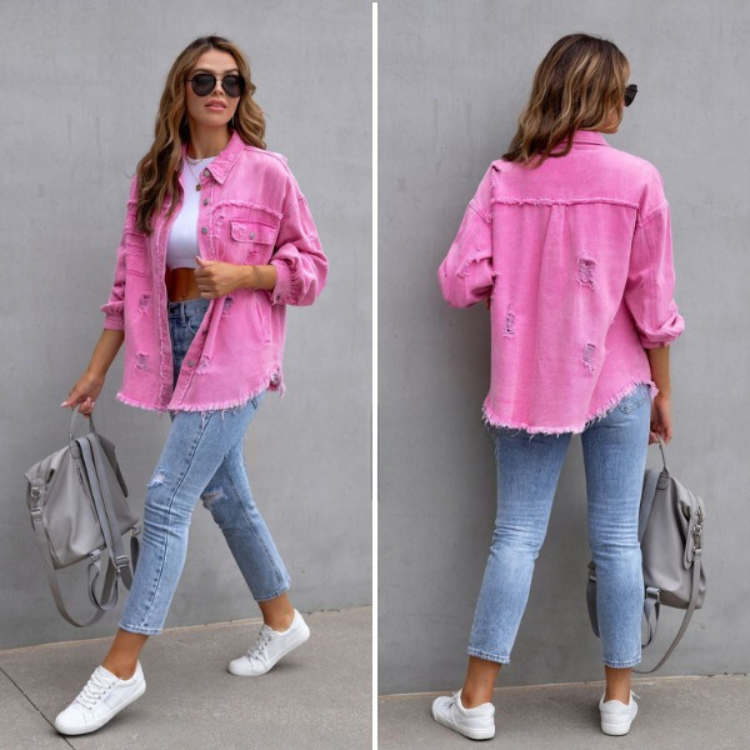 Women's Vintage-Inspired Distressed Denim Jacket — Frayed Relaxed-Fit Trucker Jacket