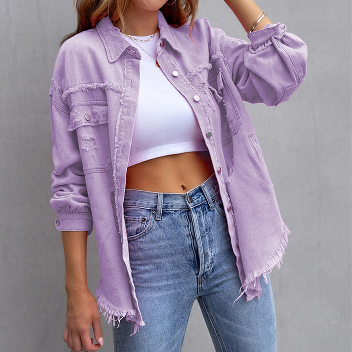 Women's Vintage-Inspired Distressed Denim Jacket — Frayed Relaxed-Fit Trucker Jacket