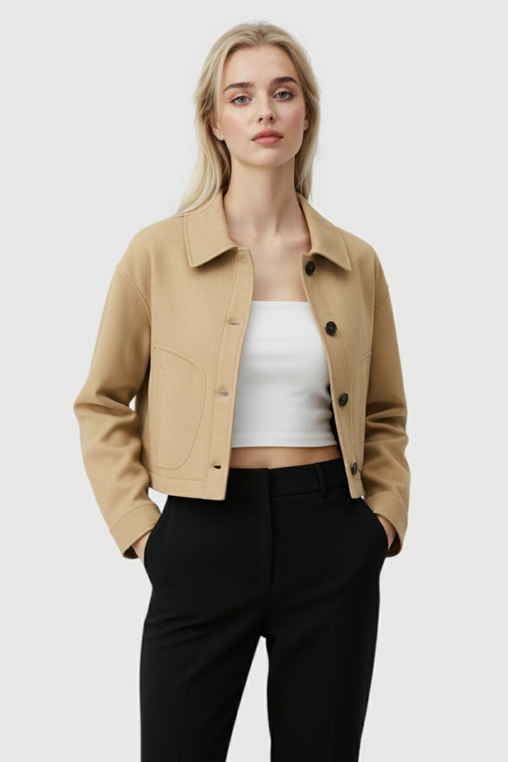 Retro-Inspired Khaki Short Jacket with Button Closure