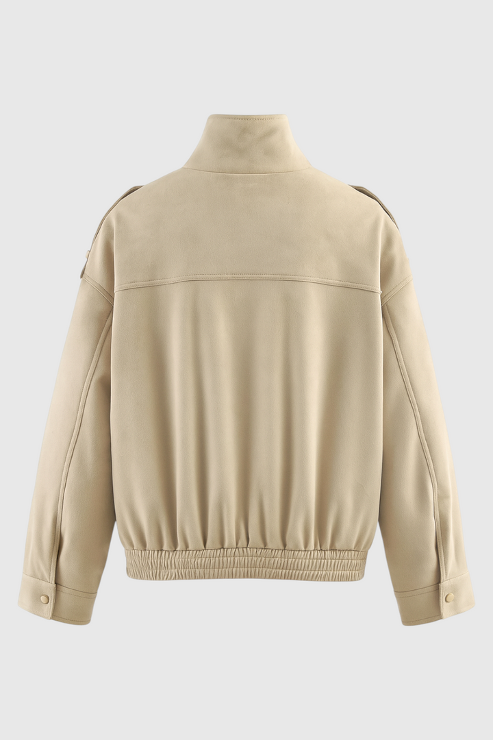 Stylish Beige Bomber Jacket with Stand Collar