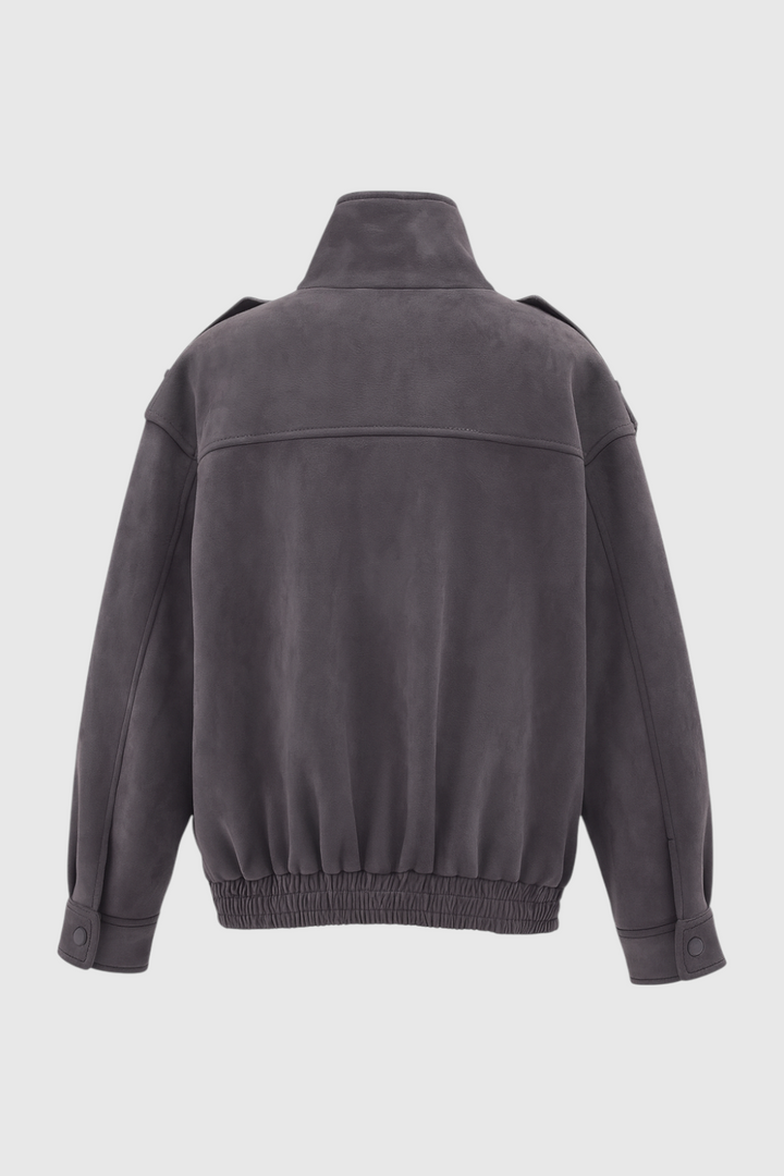 Trendy Dark Grey Bomber Jacket with Stand Collar