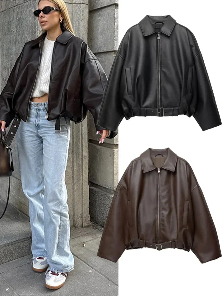 Vintage Faux Leather Bomber Jacket