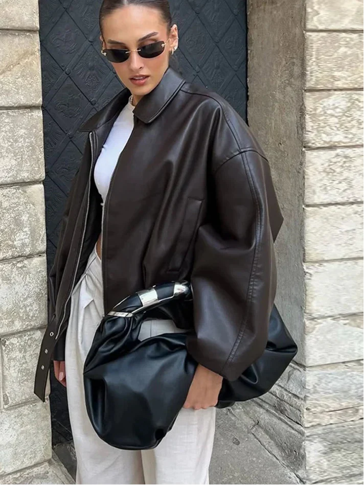 Vintage Faux Leather Bomber Jacket