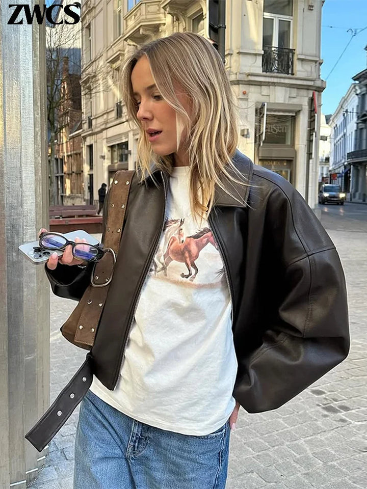 Vintage Faux Leather Bomber Jacket