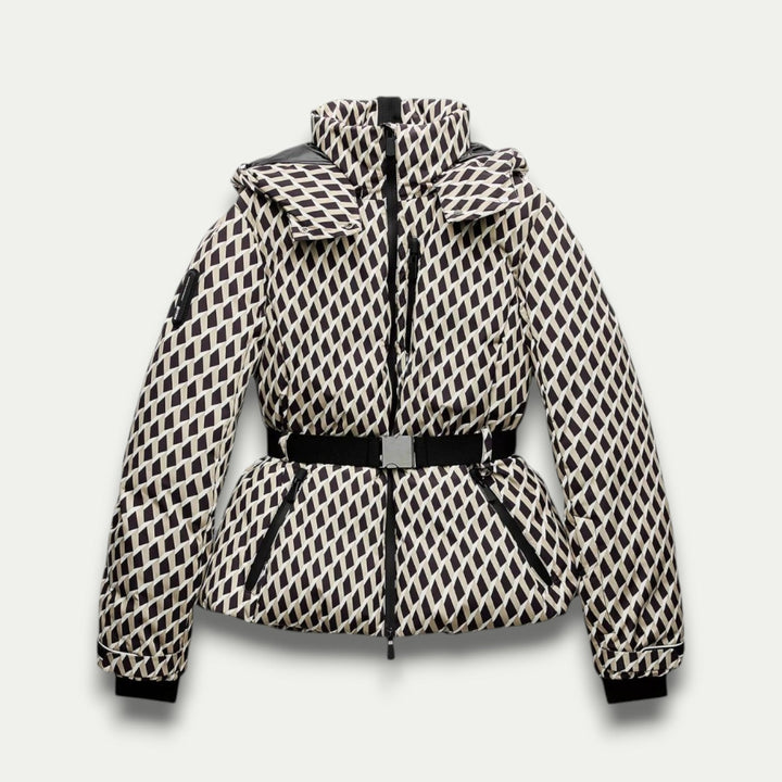 Women’s Belted Beige Patterned Puffer Jacket