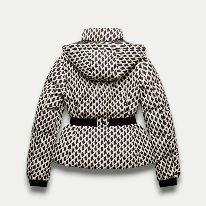 Women’s Belted Beige Patterned Puffer Jacket