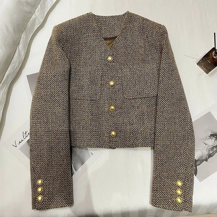 Cropped Boxy Blazer – Tweed Jacket with Gold Buttons