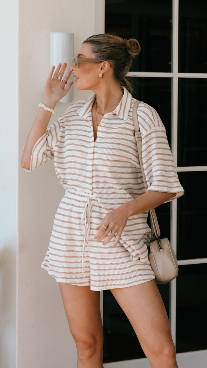 Beige Striped Knit Shirt & Shorts Set