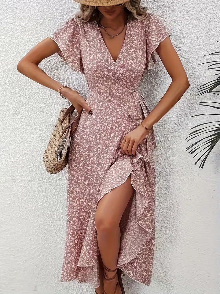 Skye | Floral Wrap Midi Dress with Ruffle Sleeves and Asymmetric Hem