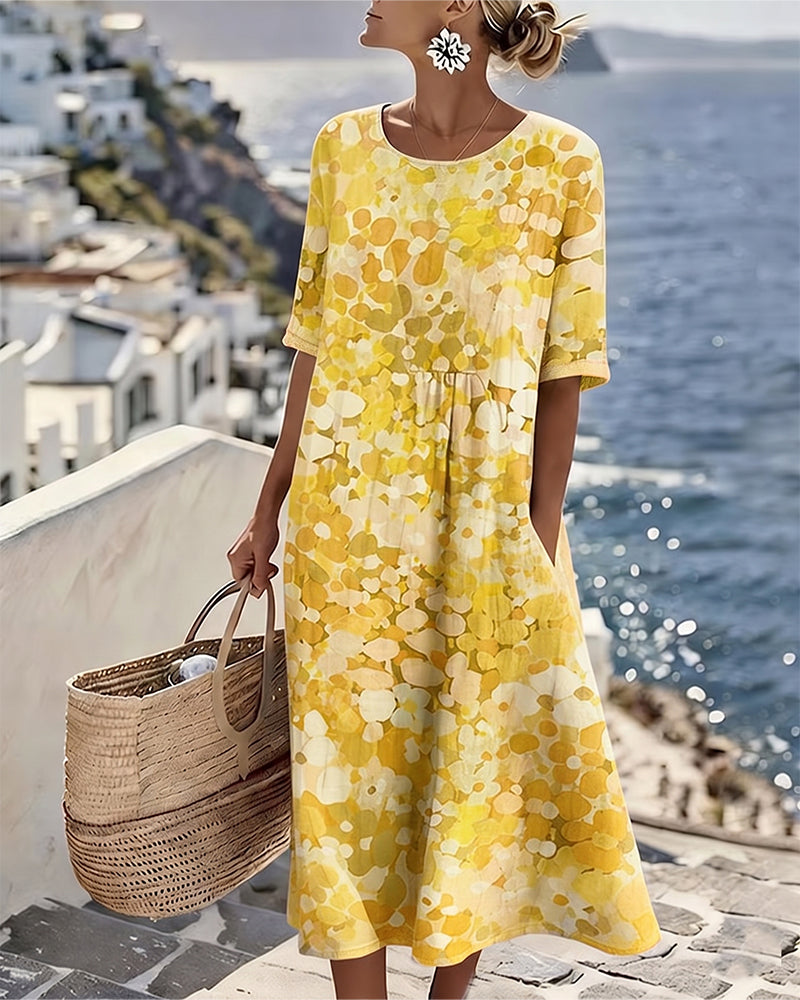 WILLOW | Floral Midi Dress with Round Neck and Short Sleeves for Effortless Summer Style