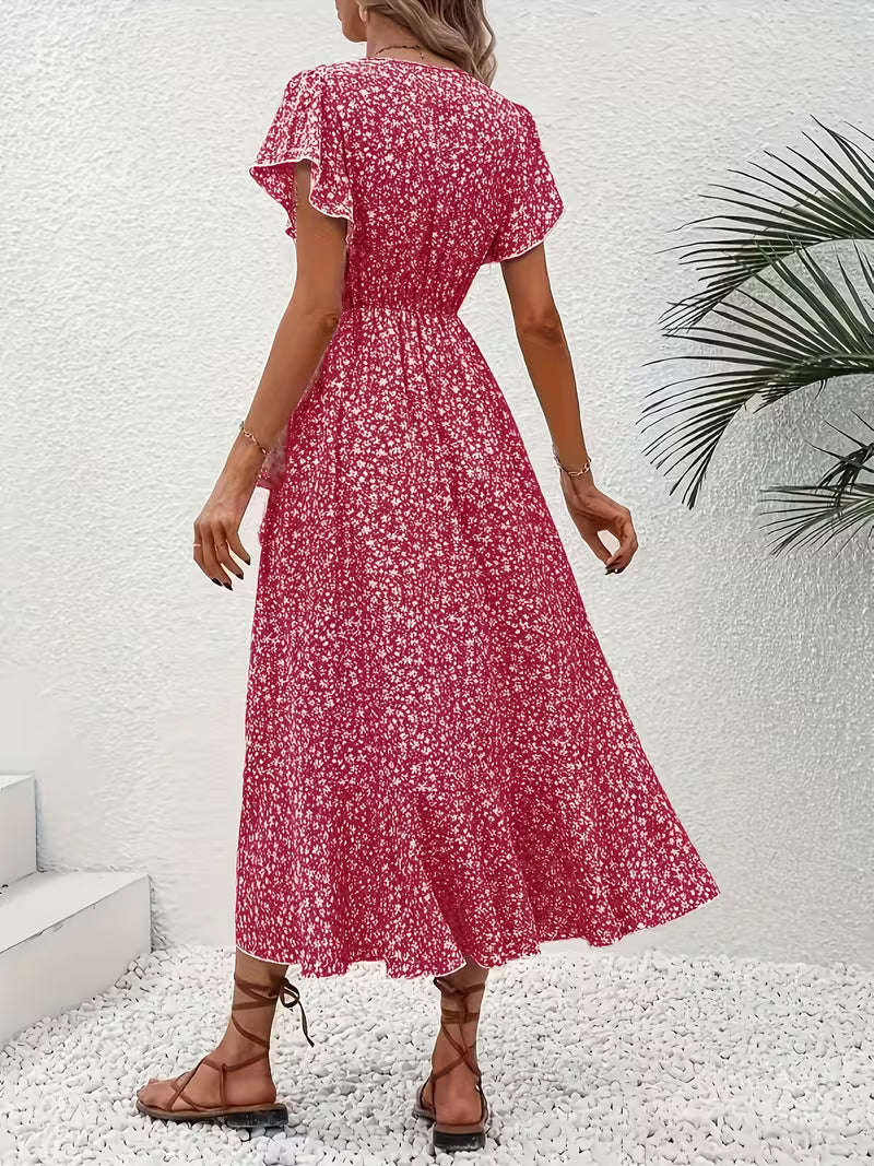 Skye | Floral Wrap Midi Dress with Ruffle Sleeves and Asymmetric Hem