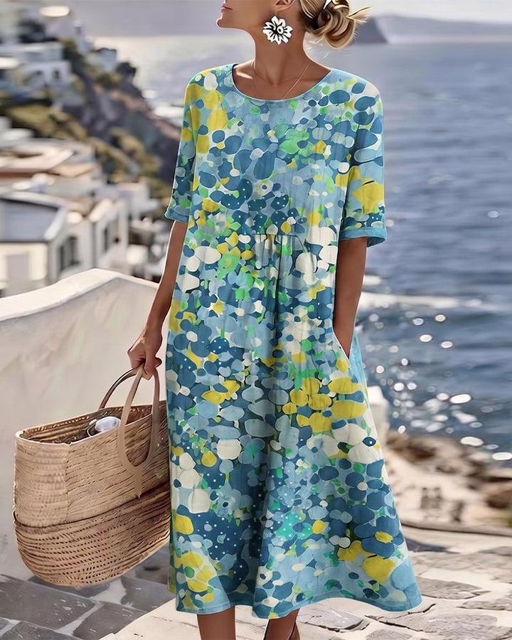 WILLOW | Floral Midi Dress with Round Neck and Short Sleeves for Effortless Summer Style