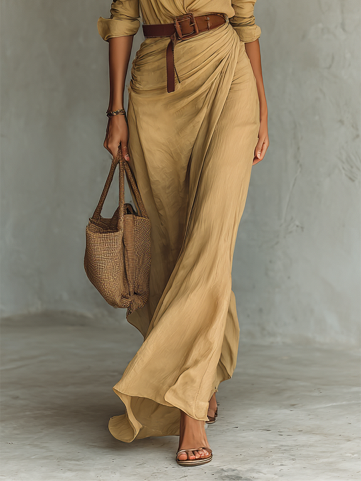 Maxi Dress with Notched Collar and Long Sleeves