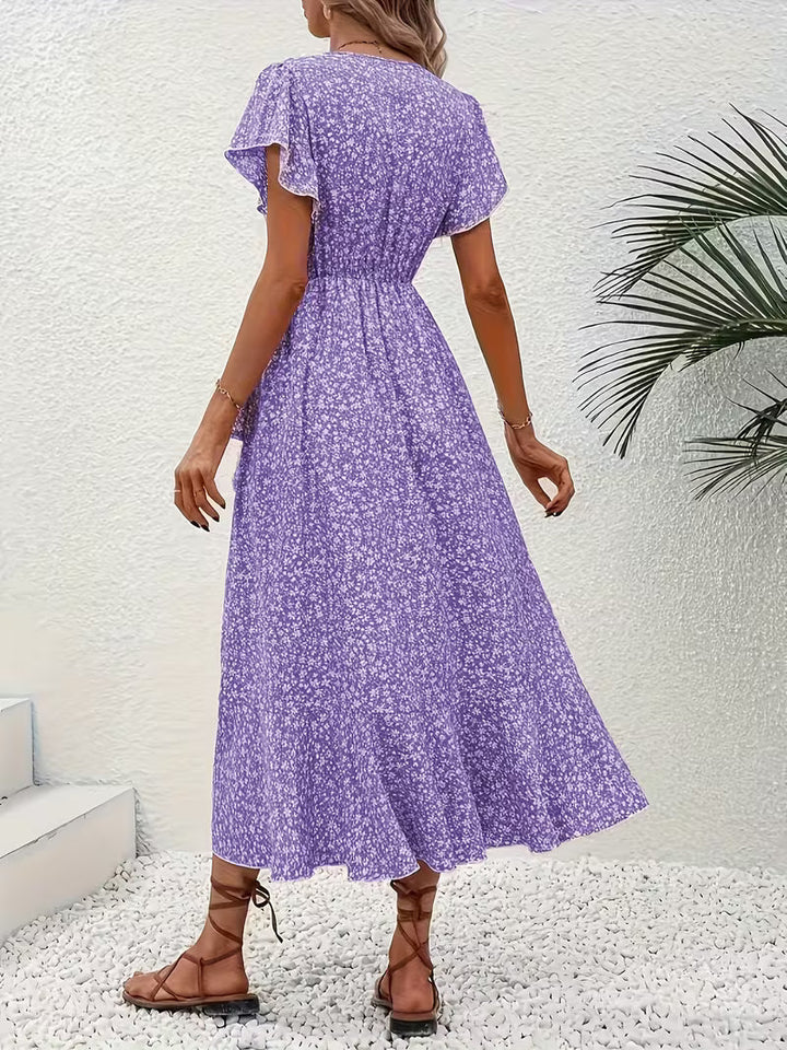 Skye | Floral Wrap Midi Dress with Ruffle Sleeves and Asymmetric Hem