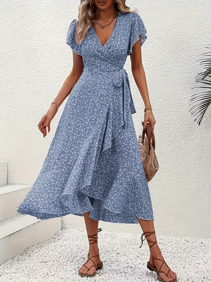 Skye | Floral Wrap Midi Dress with Ruffle Sleeves and Asymmetric Hem