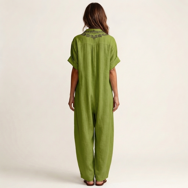 Amarina | Embroidered V-Neck Collar Linen Maxi Dress