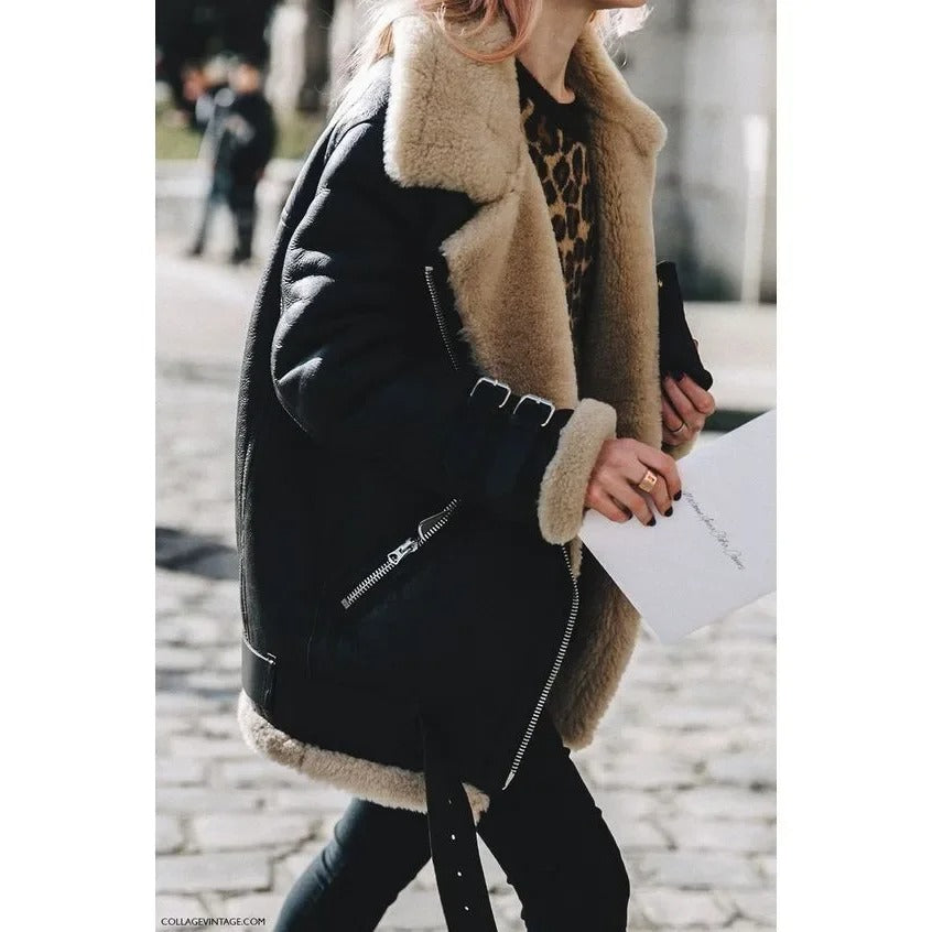 Women's Premium Faux Sheepskin Jacket With Belt And Pockets