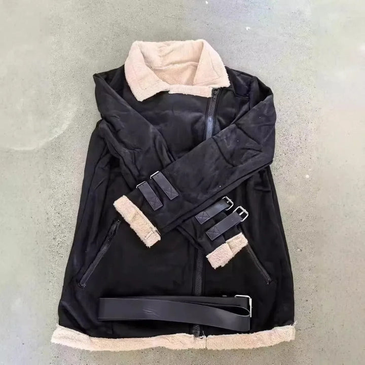 Women's Premium Faux Sheepskin Jacket With Belt And Pockets