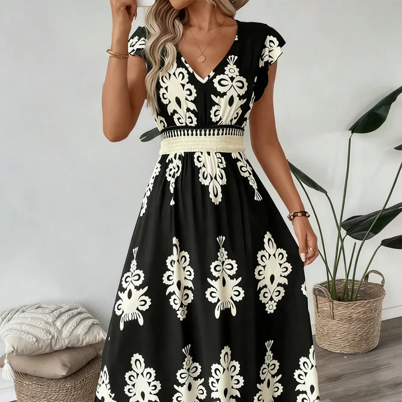 Celeste | Baroque Print Maxi Dress with V-Neck and Smocked Waist