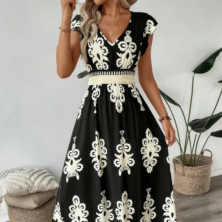 Celeste | Baroque Print Maxi Dress with V-Neck and Smocked Waist