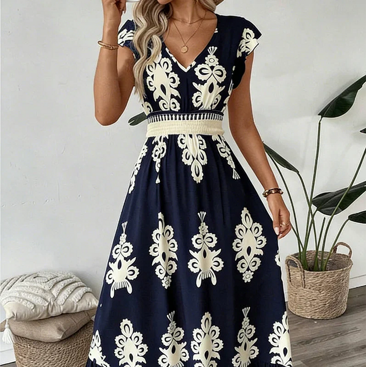 Celeste | Baroque Print Maxi Dress with V-Neck and Smocked Waist