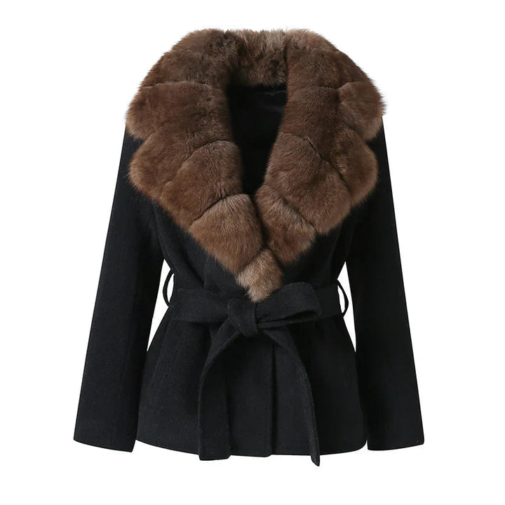 Women's Black Plush Faux Fur Belted Statement Coat