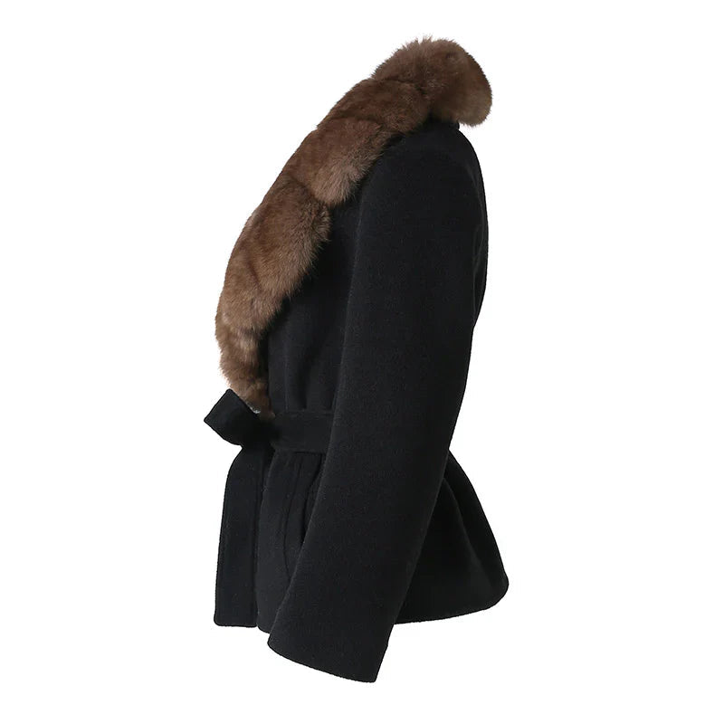 Women's Black Plush Faux Fur Belted Statement Coat