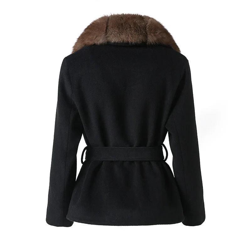 Women's Black Plush Faux Fur Belted Statement Coat
